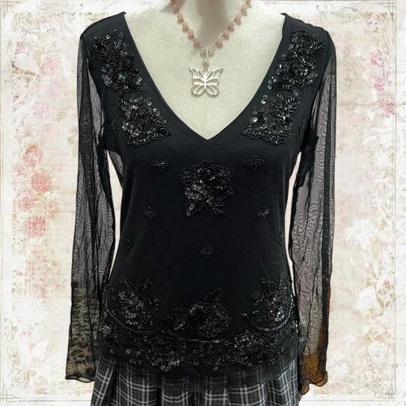 Black Beaded and Sequin-Embellished Long Sleeve Top with Sheer Mesh Sleeves - Picture 1 of 7
